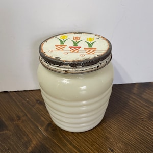 Vintage Anchor Hocking Fire King White Milk Glass Beehive Grease Jar with Metal Lids decorated with Tulips