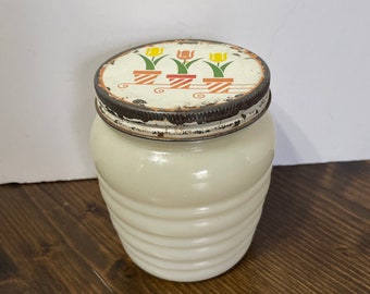 Vintage Anchor Hocking Fire King White Milk Glass Beehive Grease Jar with Metal Lids decorated with Tulips