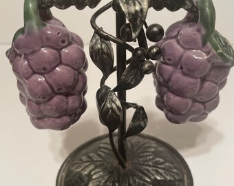 Vintage Grapes Salt and Pepper Shakers Hanging on a Metal Tree