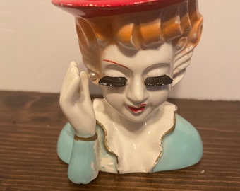 Vintage Lady Head Vase, Beautiful Replica of a Napco Lady in Blue Dress with Red Hat