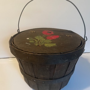 Vintage Firkin Sewing Basket Round Wood with Hand painted Flowers Storage organizer decorative country decor 1970s fabric lined
