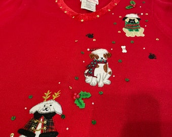 Vintage Quacker Factory Puppy Dog Sweater, Red Sweater with Christmas Dogs,