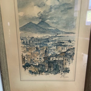 May include: A framed watercolor painting depicting a cityscape with a mountain in the background. The city is painted in shades of gray and brown, while the mountain is a light blue. The sky is a light gray with clouds. The painting is signed "Napoli" and "Jan Kleynens".