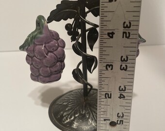 Vintage Grapes Salt and Pepper Shakers Hanging on a Metal Tree