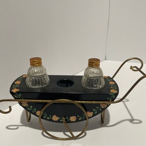 Vintage Salt and Pepper Shakers with Floral Black Metal Cart for your Black Retro Kitchen