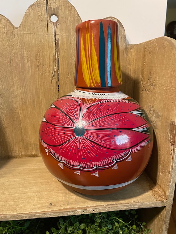 Mexican Water Jug, Mexican Clay Handpainted Water Pot With Glass
