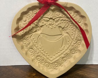 Vintage 1985 Brown Bag Heart Shaped Cookie Mold-Brown Bag Stoneware Baking Mold with Red Ribbon
