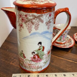 Vintage Japanese Moriage Porcelain Tea Set: Hand-Painted Geisha Lithophane Cups, Teapot image 9