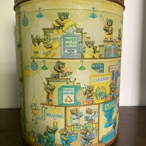 Vintage Metal Storage Tin Old Vintage Tin Teddy Bear Tin 7 1/2 inches tall 6 inch diameter