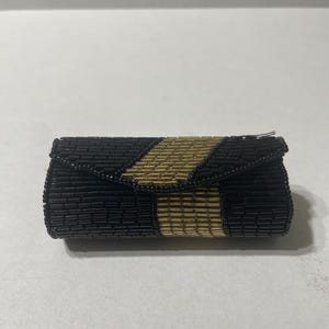 Vintage Lipstick Case Black and Gold beaded case with mirror