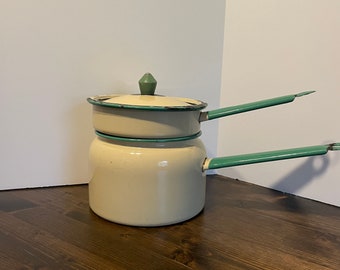 Vintage Cream/Green Trim Enamelware Double Boiler