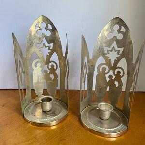 Vintage Set of Candle Holders, Silver, Holy Family, Christmas Candle Holders,