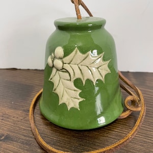 Vintage Ceramic Bell with Holly Leaves, 4" tall and 3" diameter, Leather cord,