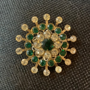 Vintage Brooch Emerald Green and Clear Stones Snowflake Design