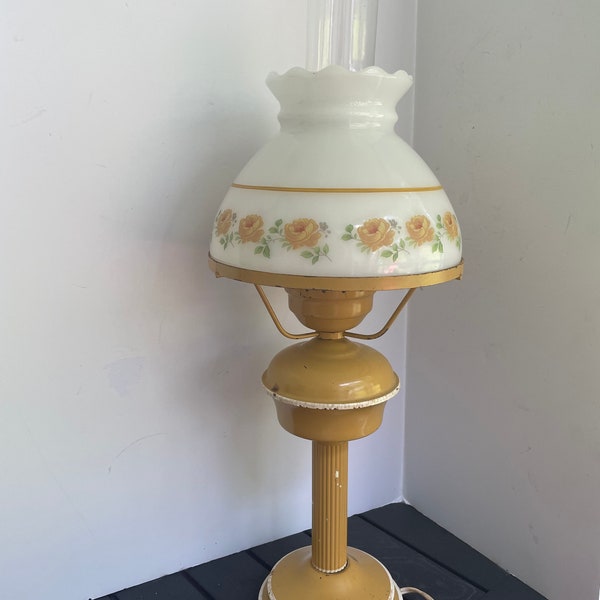 Vintage Working Metal Tole Lamp Yellow Roses painted on Milk Glass Shade Beautiful Farmhouse Table Lamp