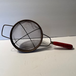 Vintage 1950s Metal and Aluminum Colander Strainer Wood Handle Farmhouse Kitchen Tools