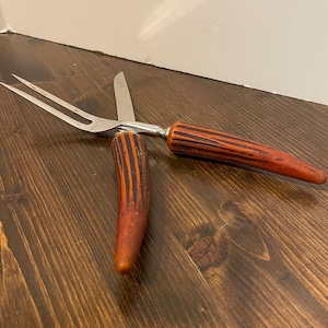 Vintage Meat Carving Set, Bakelite Faux Bone Handle, Knife and Fork Set,