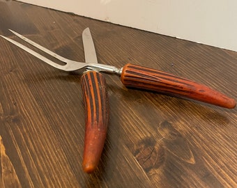 Juego de trinchar carne vintage, mango de baquelita de imitación de hueso, juego de cuchillo y tenedor,