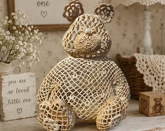 Oso de peluche vintage de ganchillo hecho a mano, decoración de guardería estilo cottagecore, oso de ganchillo de encaje hecho a mano, decoración de habitación infantil estilo granja