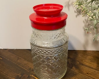 Vintage glazen pot met ankerhaak wexford-quiltpatroon rood plastic deksel, retro Maxwell House Jar #13