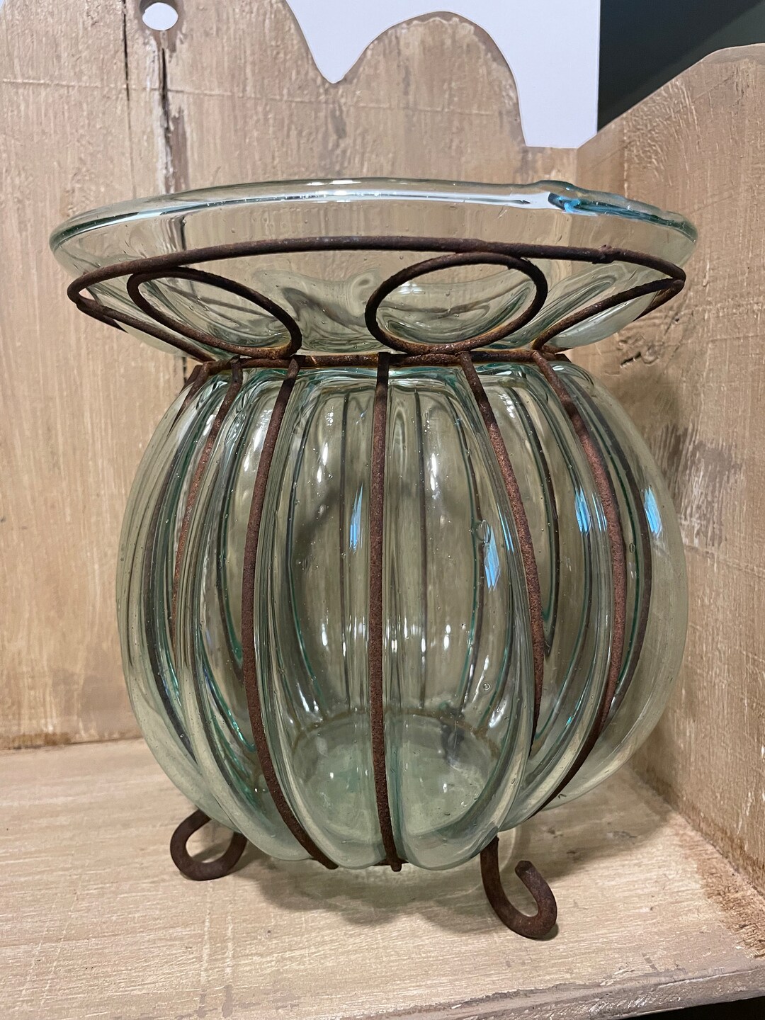 Vintage Art Deco Glass Vase in Metal Cage Frame, Handblown Megal
