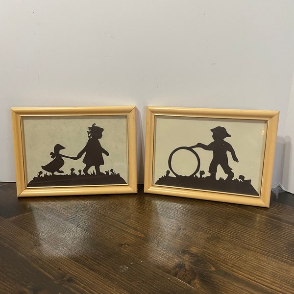 Vintage Scherenschnitte Framed Silhouette Art Pair, Children and Nursery Folk Art Little Girl with Duck, Boy with Hoop, Sweet Retro Decor