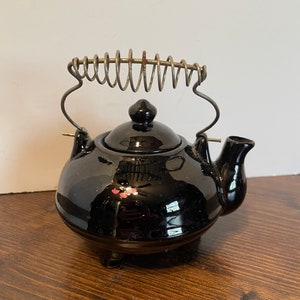 Vintage Black Redware Tea Pot with wire Handle 6 inches tall with Handle up