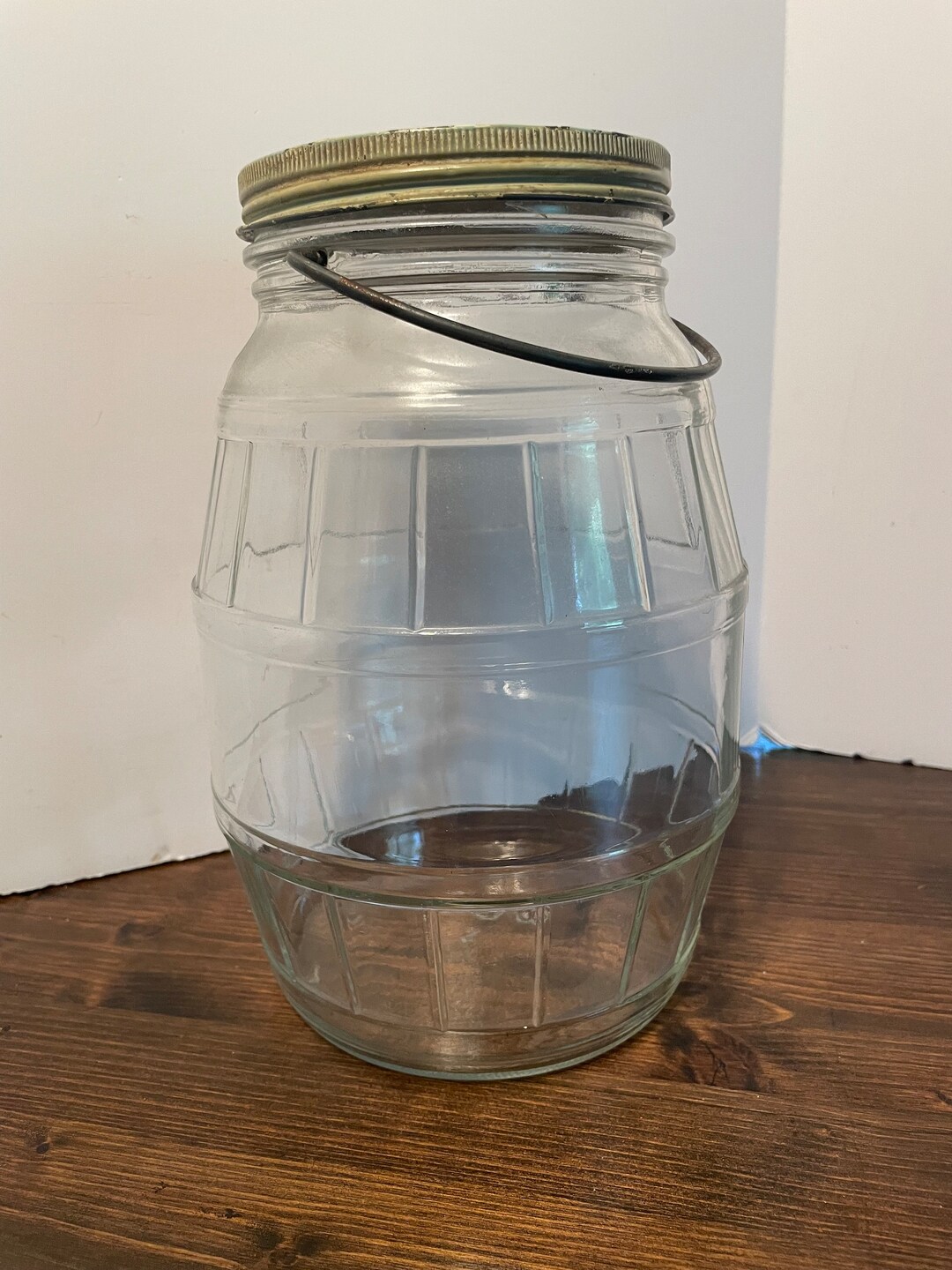 Vintage Barrel Shaped Glass Gallon Jar With Original Metal Lid Etsy