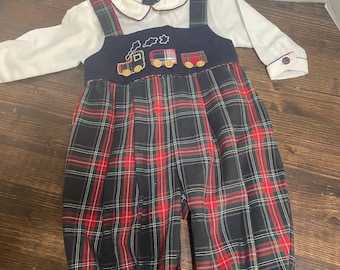 Vintage Carriage Boutique Baby Romper 3 Month, Plaid Train Applique Holiday Christmas Outfit Friedknit Creations