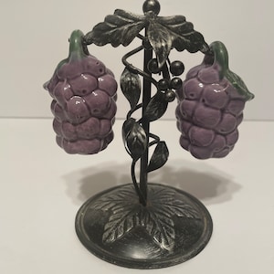 Vintage Grapes Salt and Pepper Shakers hanging on a Metal Tree decorated with vines and leaves
