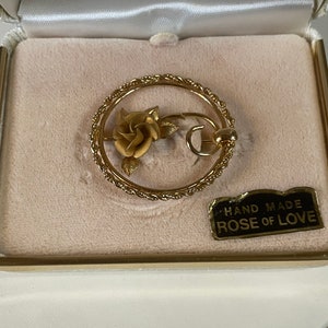 Vintage 1960s Toby Anne Gold Filled Rose Design  Brooch Pin Marked 1/20 12K in Original Box