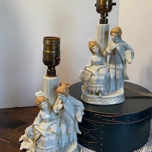 Vintage Pair of Boudoir Electric Accent Side Lamps White and Gold porcelain Victorian style lamps