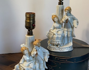 Vintage Pair of Boudoir Electric Accent Side Lamps White and Gold porcelain Victorian style lamps