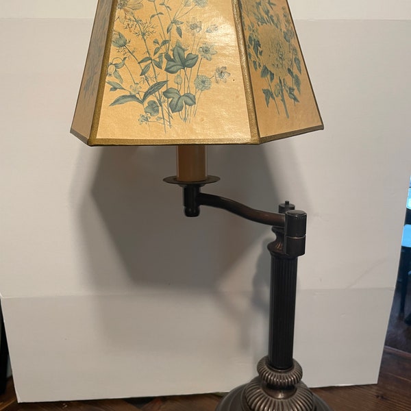 Vintage Swing Arm Desk Lamp or Table Lamp Metal Base with Beautiful Yellow and Blue Floral Shade