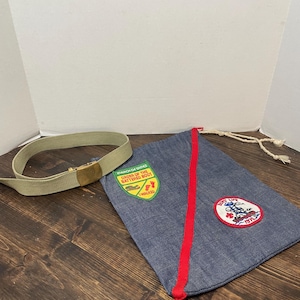 Vintage Boy Scout Memorabilia Lot 1976 Boys Life Patch, March of Dimes Battered Boot Patch, Khaki Web Belt, Denim Scout Bag Americana