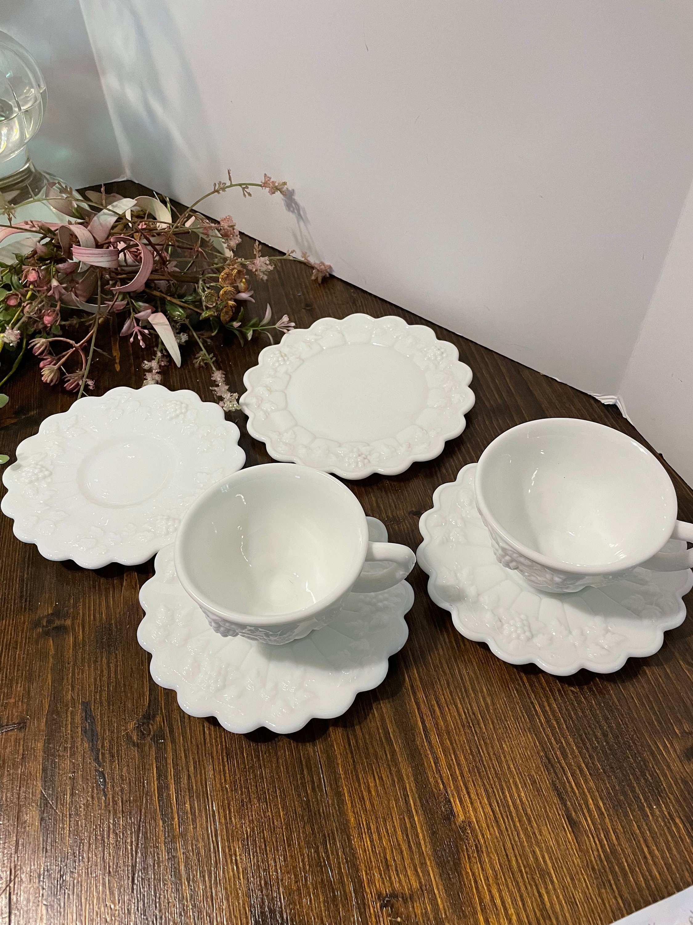 Vintage Milk Glass Cups and Saucers Etsy