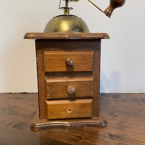 Vintage Coffee Grinder, Three Drawers, Brass and Wood,