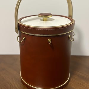 Vintage faux leather, mid-century modern, brown and gold barware ice bucket with handle