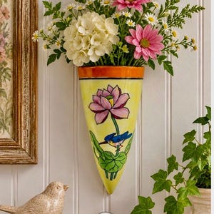 Vintage Hand Painted Japan Wall Pocket Vase, Bird and Lotus Floral Porcelain Wall Planter, Mid Century Cottage Decor, 7 inch