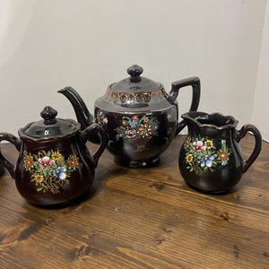 Vintage Moriage-style Tea Set, Raised, Handpainted Floral Designs, made in Japan (1940s-1950s) Terricota