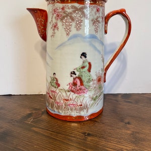 Vintage Japanese Moriage Porcelain Tea Set: Hand-Painted Geisha Lithophane Cups, Teapot image 5