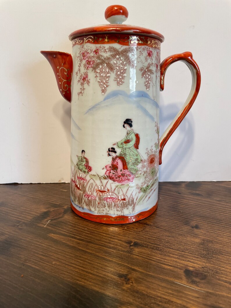 Vintage Japanese Moriage Porcelain Tea Set: Hand-Painted Geisha Lithophane Cups, Teapot image 5