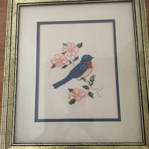 Vintage Cross Stitched Blue Bird Beautifully Framed Grannycore Farmhouse Shabby Chic or She Shed Decor