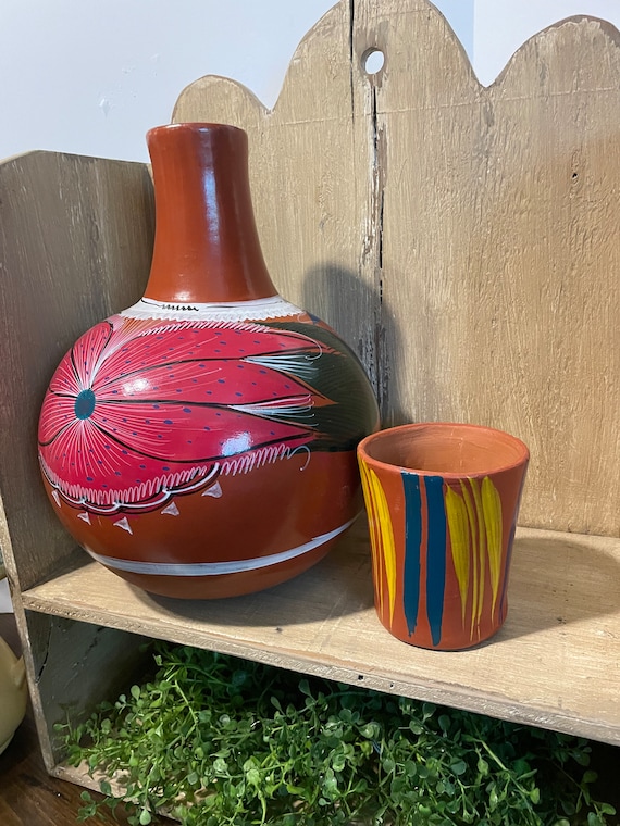 Mexican Water Jug, Mexican Clay Handpainted Water Pot With Glass
