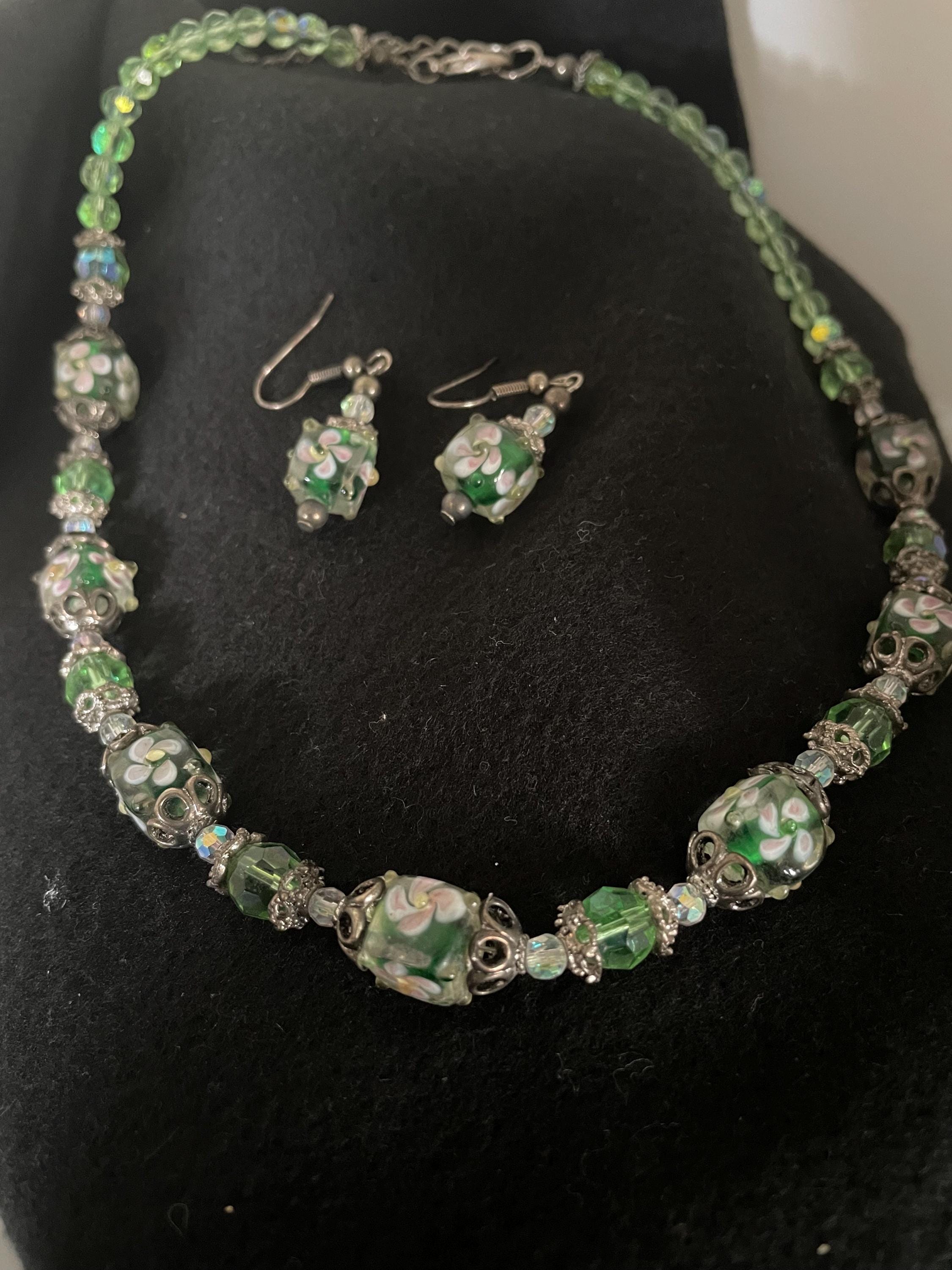 Collier Et Boucles D'oreilles Millefiori Vert - Fait Main En Verre, Plaqué Or - Neuf Sans étiquette