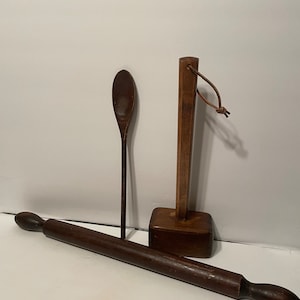 Vintage Wood Kitchen Tools Rolling Pin Wood Spoon and Wood Mallet Farmhouse Kitchen Tools