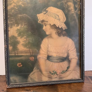 Antique Print, Young Girl Simplicity, Sir Joshua Reynolds, 1920, Adorable little girl in her Sunday Best, White Dress and Bonnet