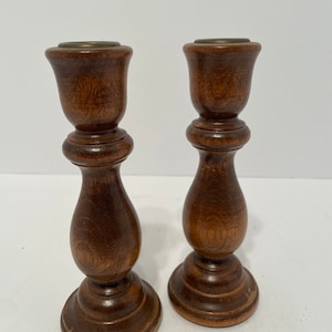 Pair of Vintage Wooden Candle Holders 6 7/8&quot; Tall Hand Turned Wood Candle Sticks