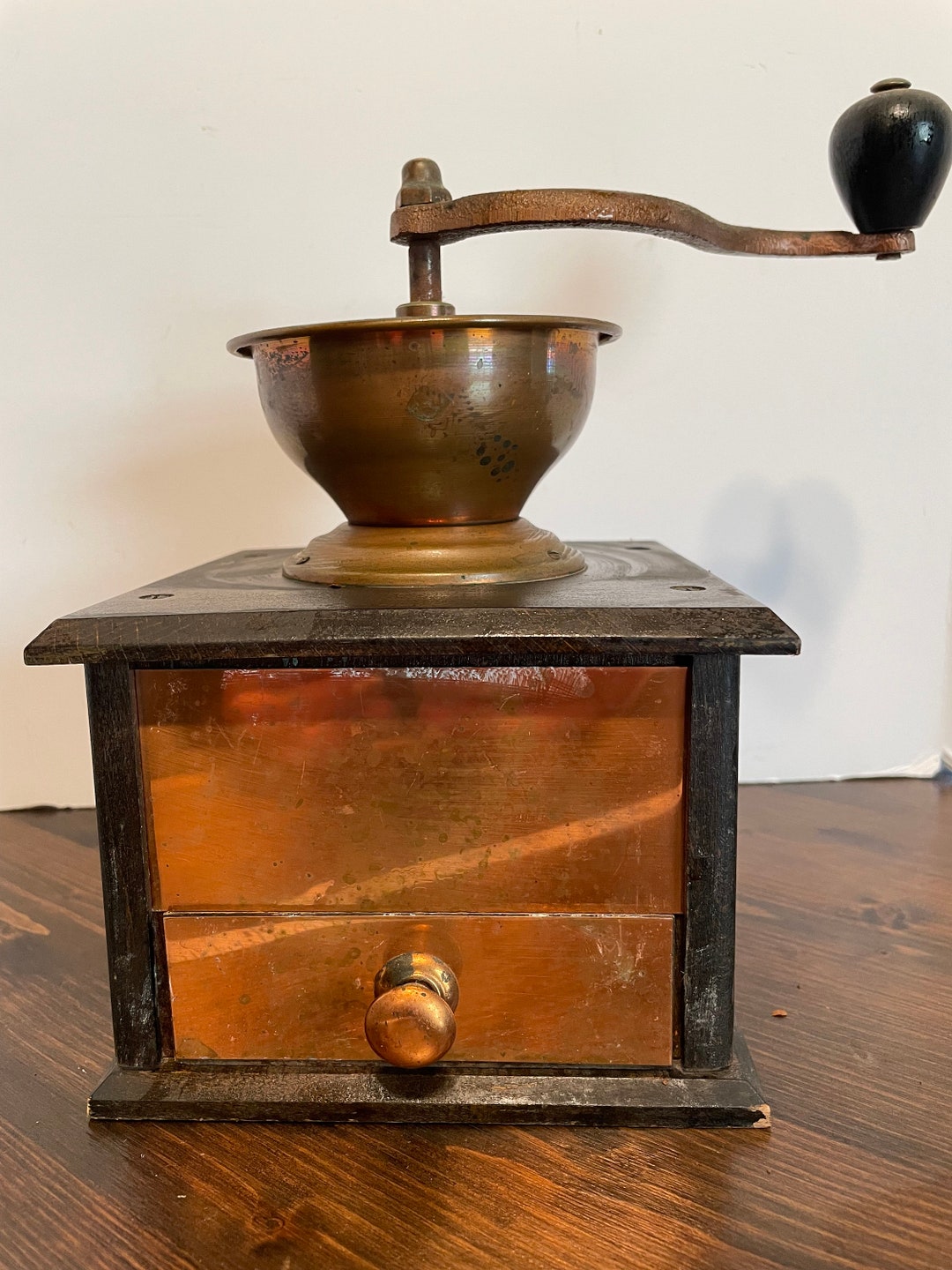 Vintage Coffee Grinder Wood With Copper Front Farmhouse Kitchen Decor