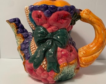 Vintage Cracker Barrel Ceramic Fruit Vegetable Pitcher Jug Pot MCM Hand Painted 9 x 7 French Country Grandmas Kitchen